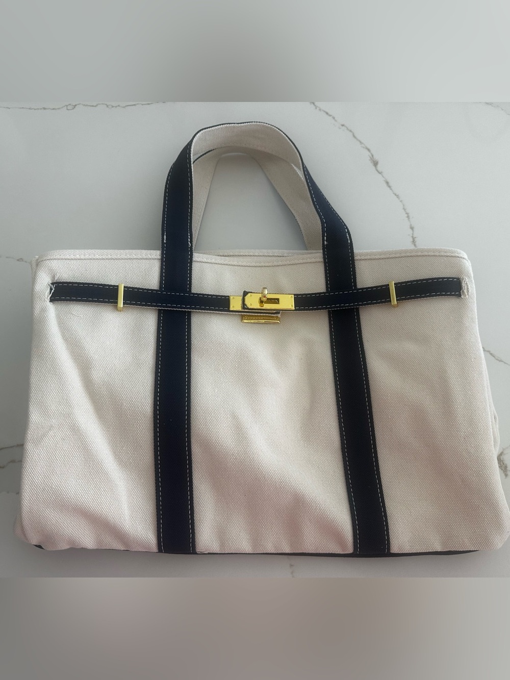 Boatkin Canvas Two-Tone Tote Bag - Navy with Gold Hardware - Picture 2 of 8